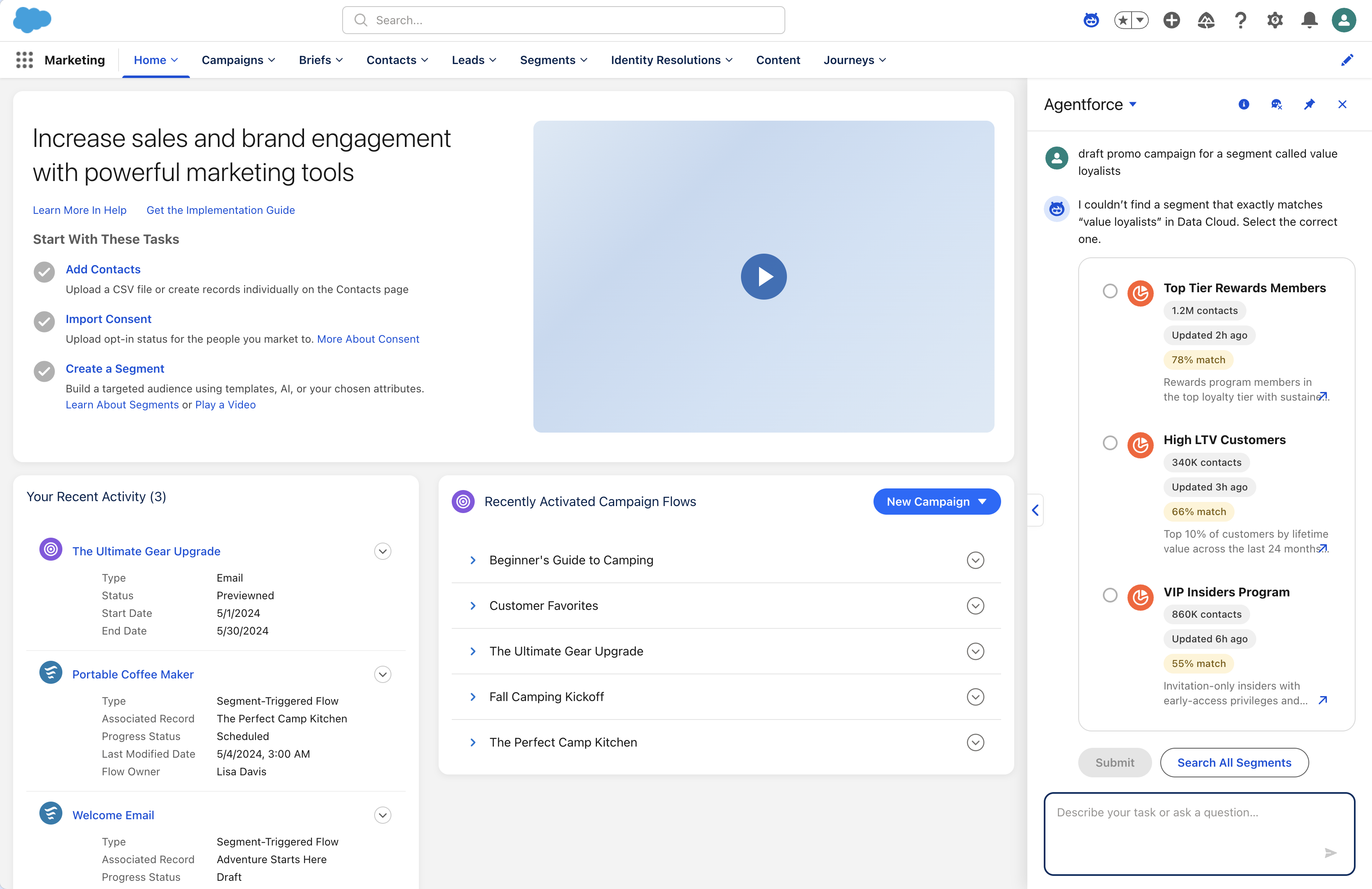 The Marketing Cloud home with the Agentforce panel open on the right; after a prompt for a 'value loyalists' segment, the agent replies that it couldn't find an exact match in Data Cloud and offers three ranked segment options with match percentages, plus Submit and Search All Segments.