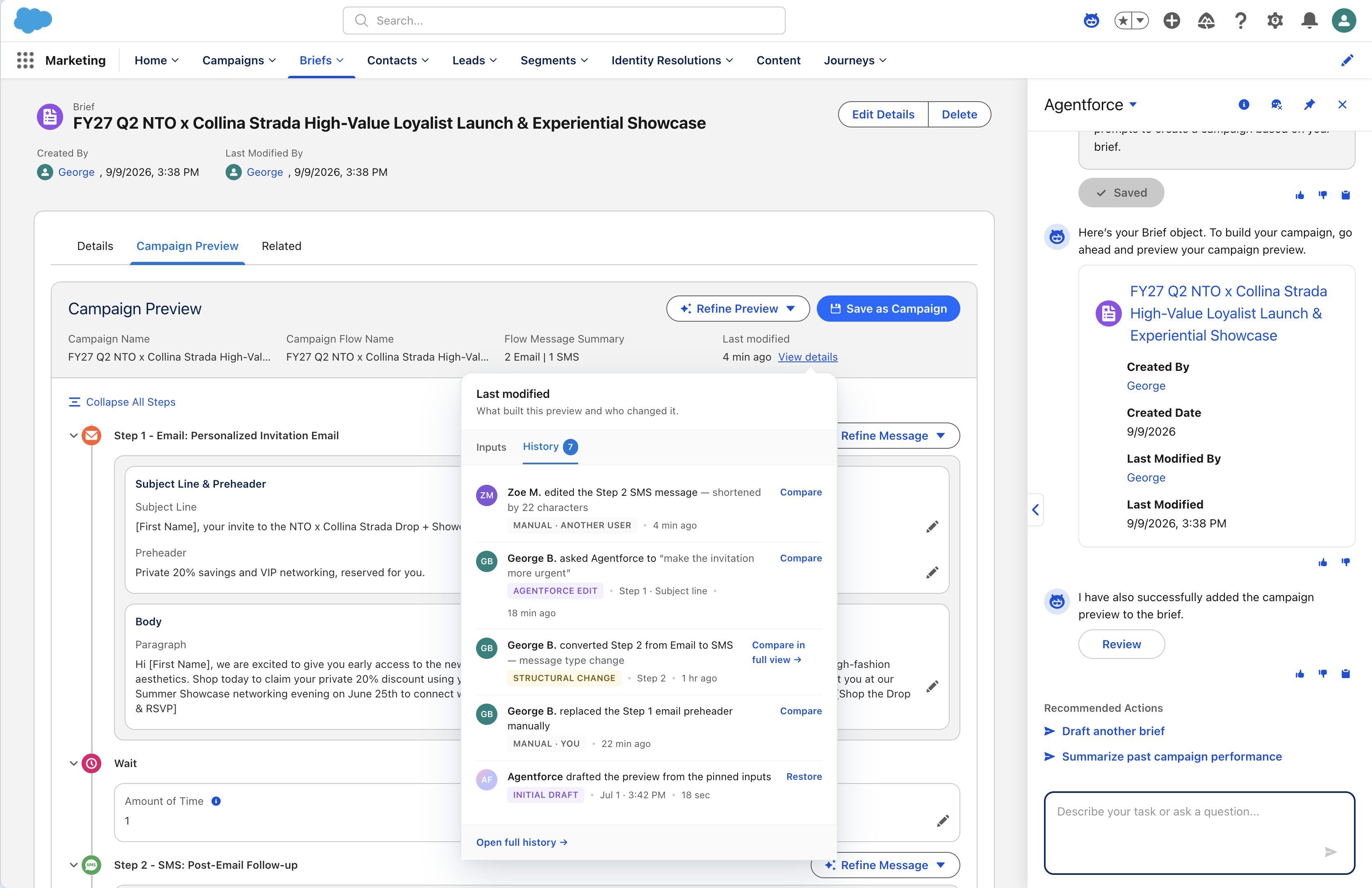 A campaign brief's preview with the 'Last modified' history popover open, showing a timeline where each change is attributed, from Agentforce's initial draft to human edits, each tagged Agentforce edit, manual by you, manual by another user, or structural change, with compare and restore actions.