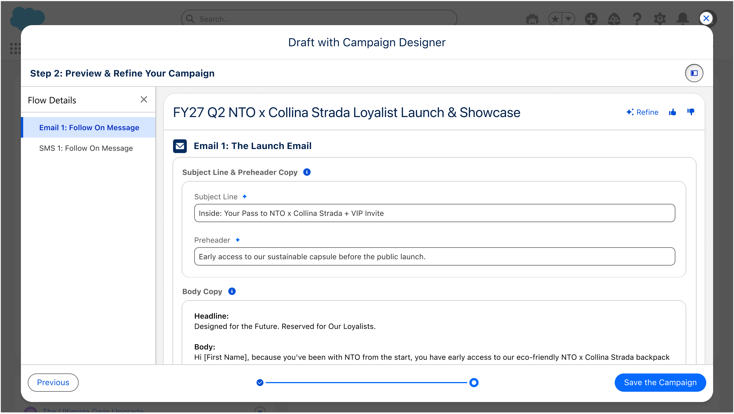 Step 2 of the Campaign Designer, after: the styling stripped away and each message surfaced as clearly editable copy fields.
