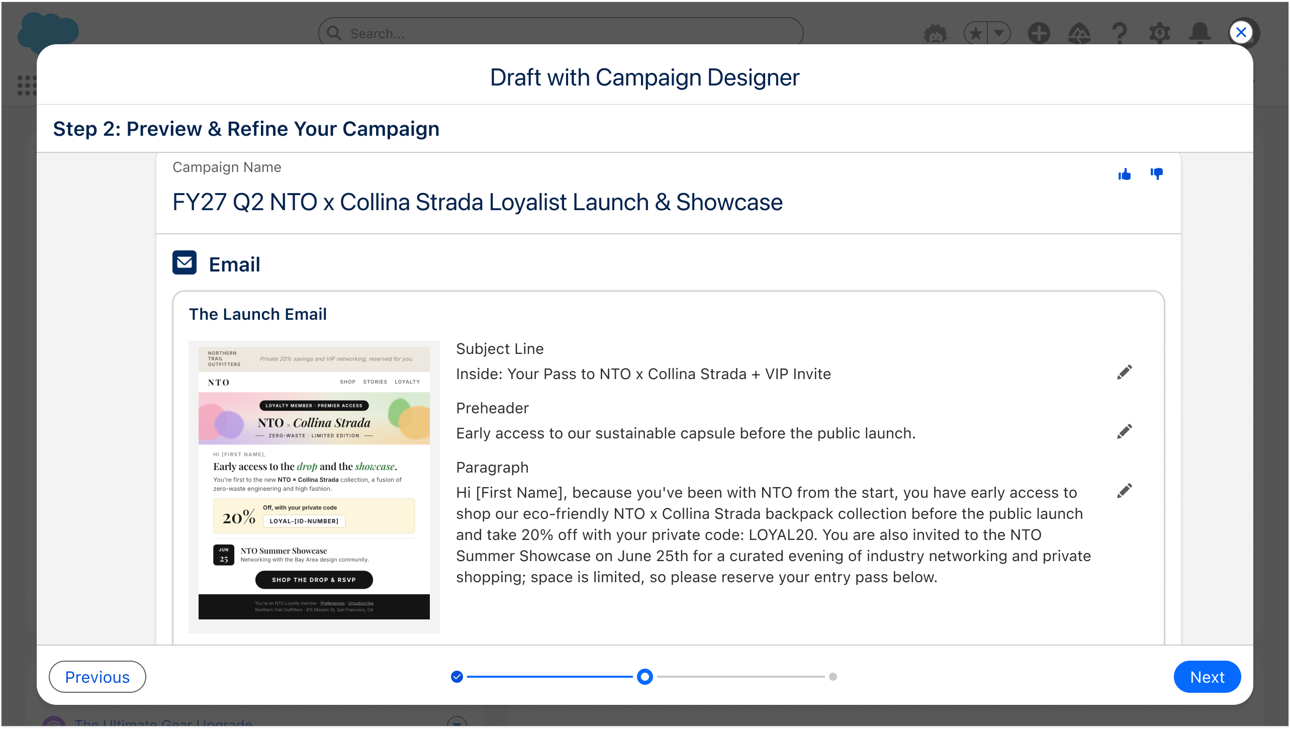 Step 2 of the Campaign Designer, before: a fully styled email preview thumbnail that looked finished, shown next to the message copy.