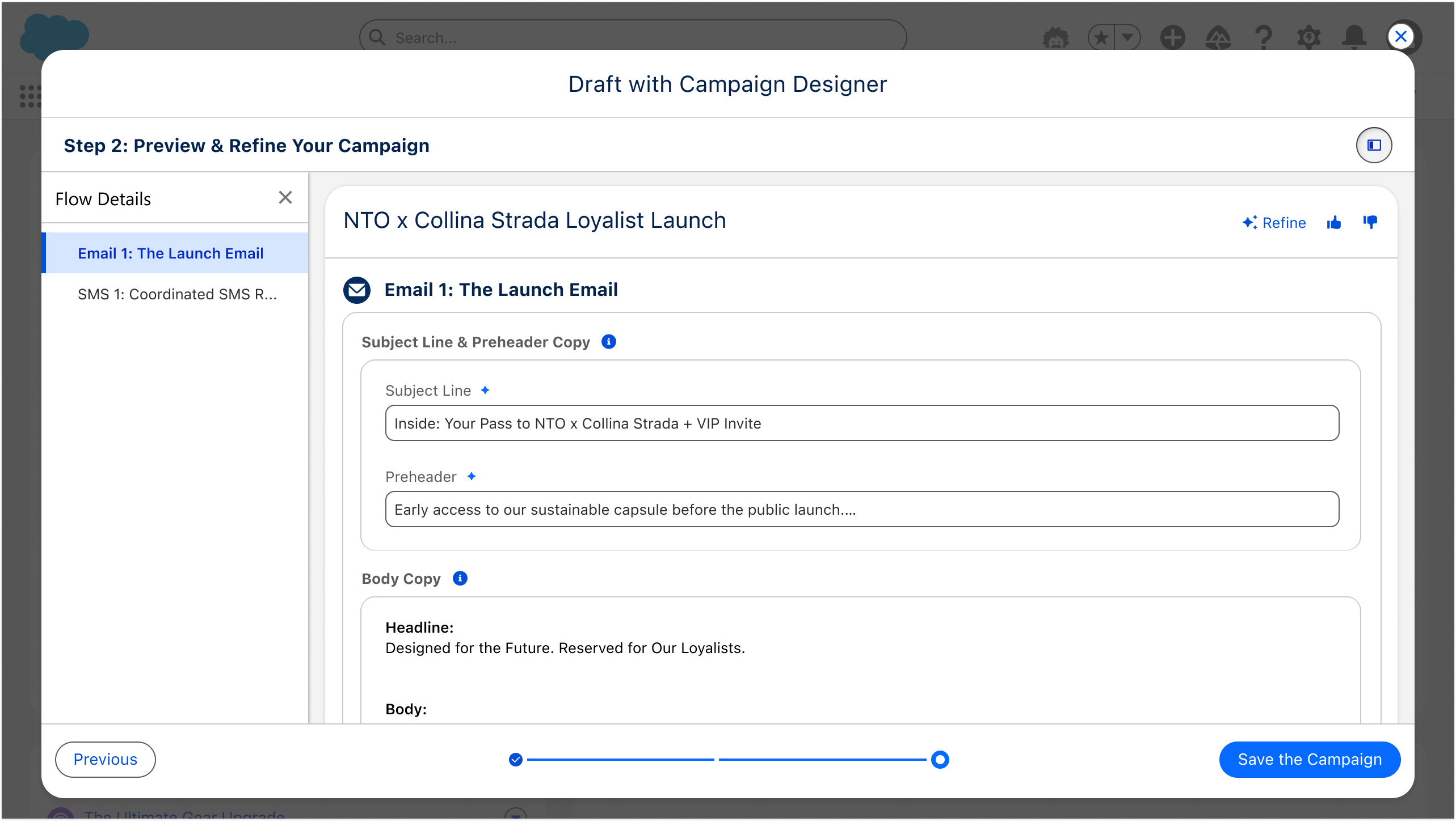 Phase 3, Campaign Designer: a custom wide-canvas modal for previewing and refining the full multi-step campaign, with inline controls and trust citations.
