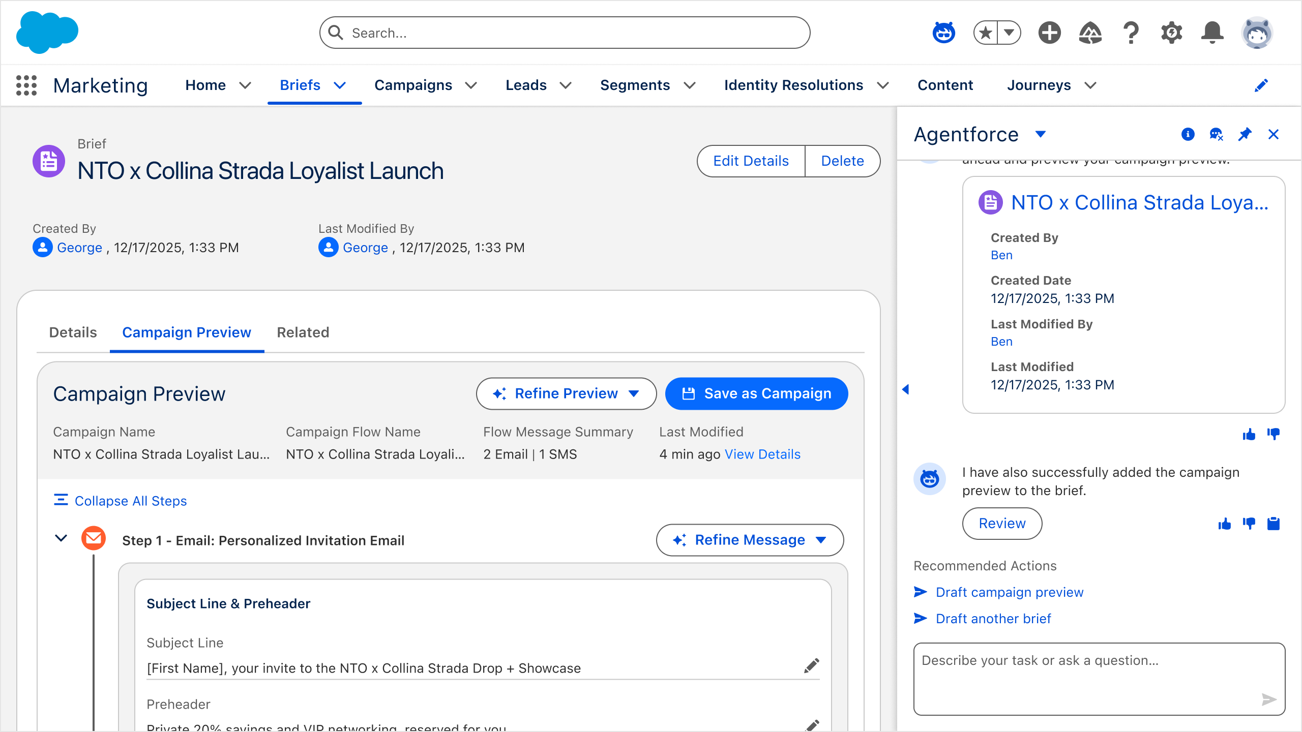 Phase 4, Campaign Creation Agent: the converged native Agentforce workspace, with the agent docked alongside the marketing brief and campaign preview.