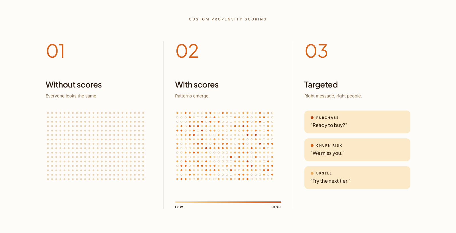 Custom Propensity Scoring — three panels showing customers without scores (everyone looks the same), with scores (patterns emerge across a low-to-high gradient), and targeted messaging for purchase, churn risk, and upsell audiences.