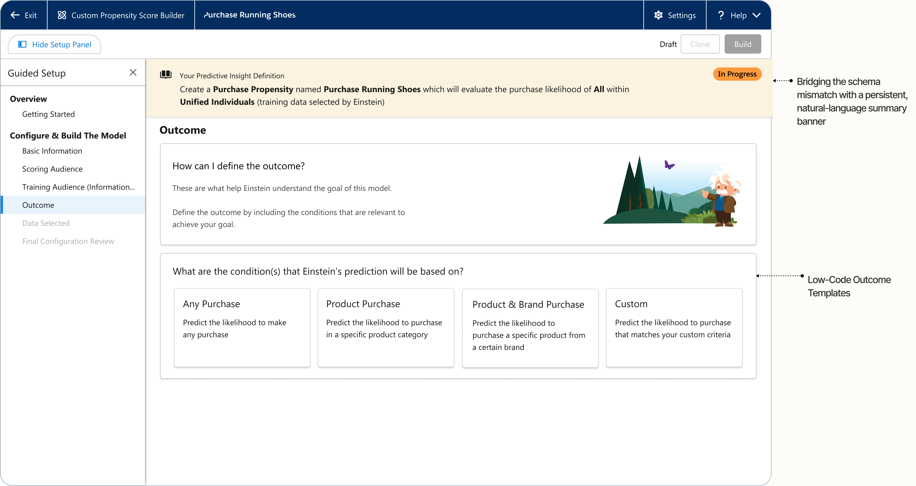 Outcome step — condition selected; configurator drops in below revealing condition fields, with the persistent summary banner above.