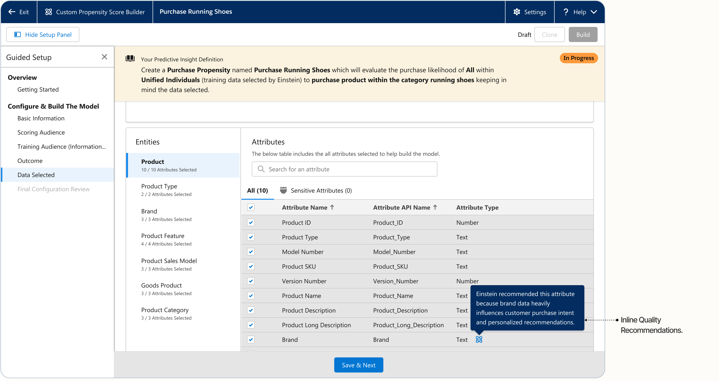 Data selection interface surfacing real-time inline quality recommendations for missing high-signal attributes.
