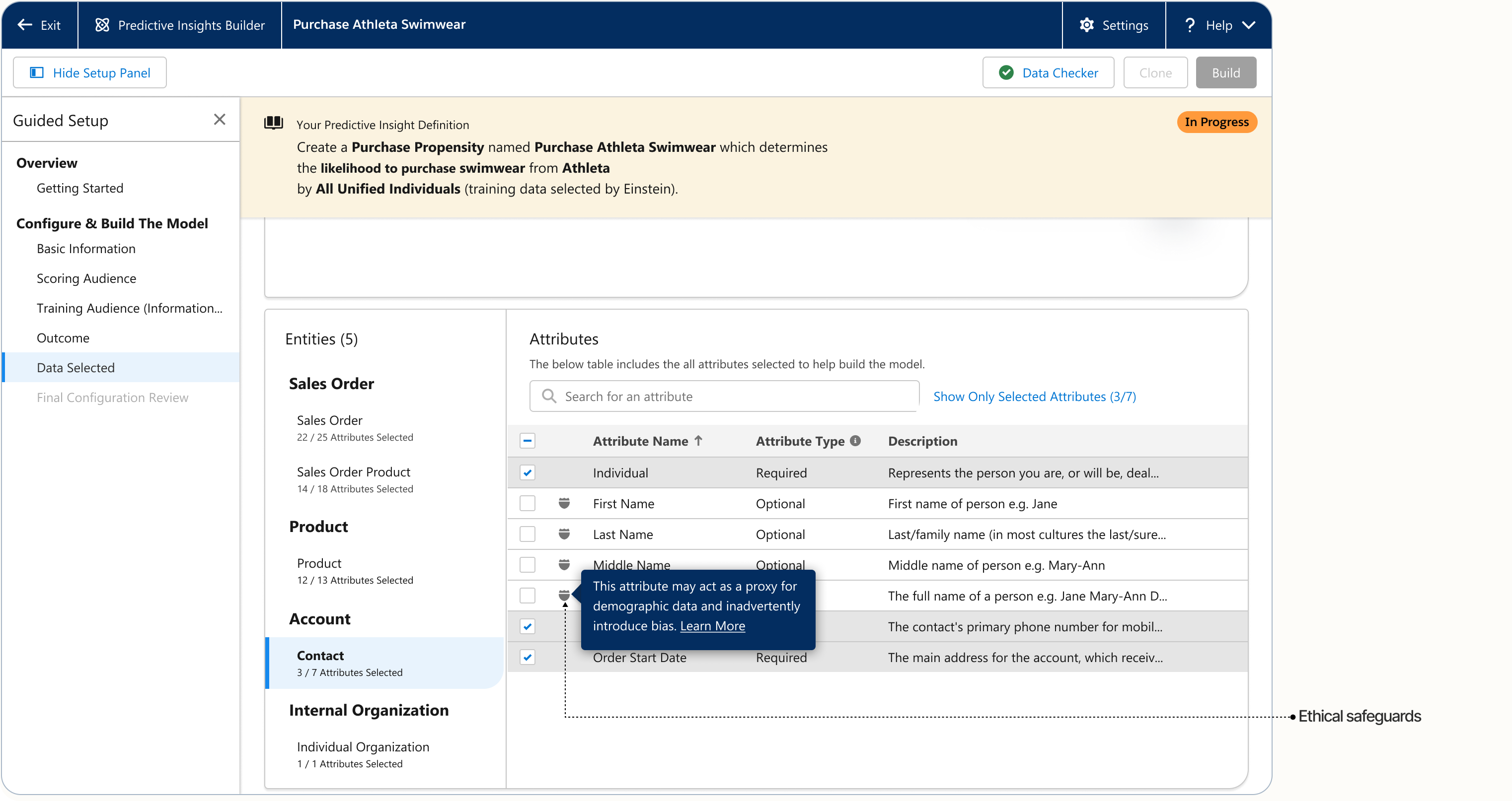 Split-view data configuration screen with the Sensitive Attributes audit tab — entities and attributes mapped into clear groupings, with a Shield icon flagging attributes that may introduce bias.
