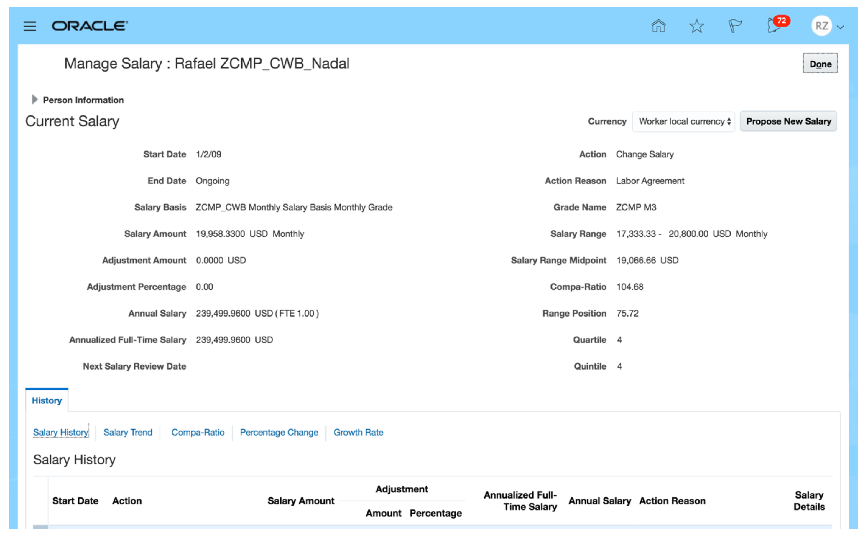 Old Change Salary screen showing a read-only view of current salary.
